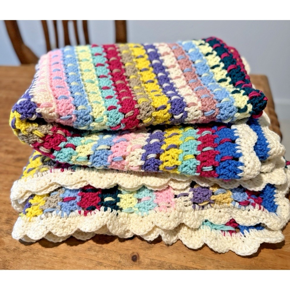 Hand Crochet Afghan Blanket Throw Red Green Blue Yellow Pink Purple
